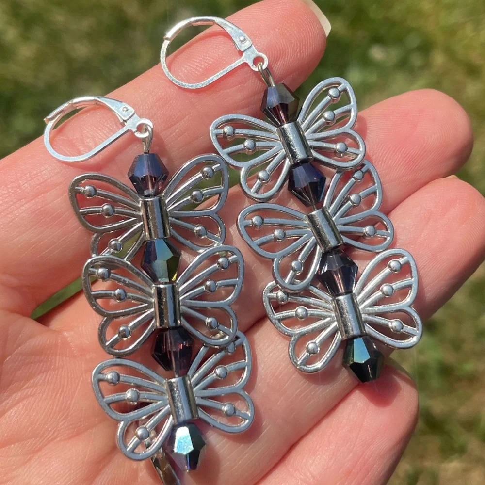Silver Butterfly Dangly Crystal Drop Earrings